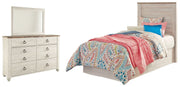 Willowton Twin Panel Headboard Bed with Mirrored Dresser in Whitewash - PKG004317