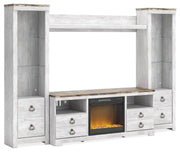 Willowton Whitewash 4-Piece Entertainment Center with Electric Fireplace - W267W4