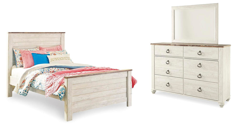 Willowton Whitewash Full Panel Bed, Dresser and Mirror - B267B54