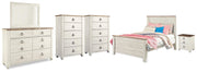 Willowton Whitewash Full Panel Bed, Dresser, Mirror, 2 Chests and nightstand - B267B40