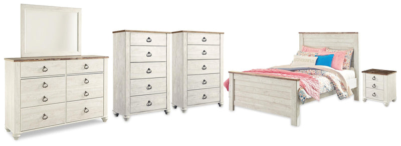 Willowton Whitewash Full Panel Bed, Dresser, Mirror, 2 Chests and nightstand - B267B40