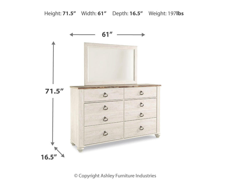 Willowton Whitewash Full Panel Bed, Dresser, Mirror, 2 Chests and nightstand - B267B40