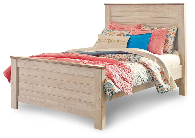 Willowton Whitewash Full Panel Bed, Dresser, Mirror, 2 Chests and nightstand - B267B40