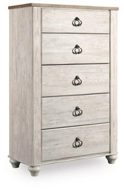 Willowton Whitewash Full Panel Bed, Dresser, Mirror, 2 Chests and nightstand - B267B40