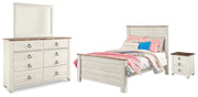 Willowton Whitewash Full Panel Bed, Dresser, Mirror, Chest and Nightstand - B267B64