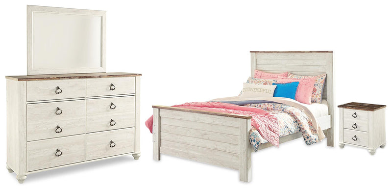 Willowton Whitewash Full Panel Bed, Dresser, Mirror, Chest and Nightstand - B267B64