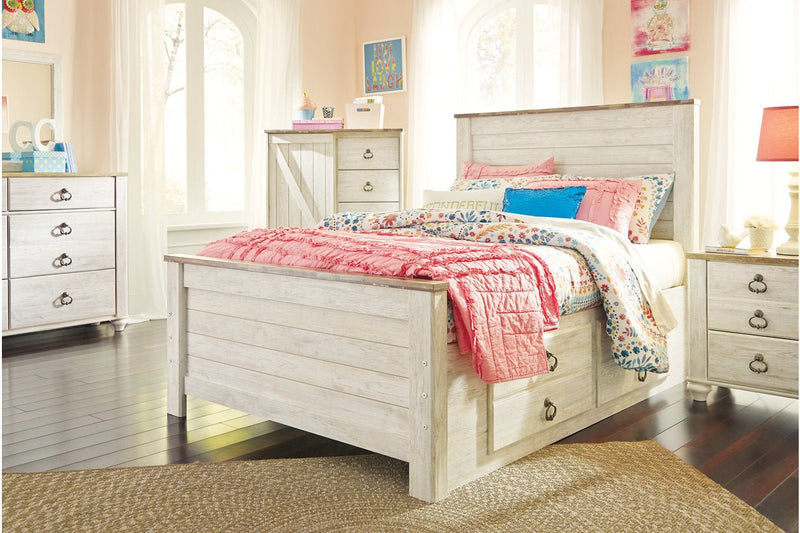 Willowton Whitewash Full Panel Bed with 2 Storage Drawers - Gate FurnitureFull Bed