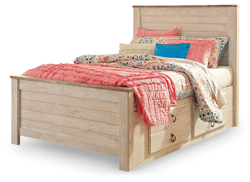 Willowton Whitewash Full Panel Bed with Storage and Nightstand - B267B66