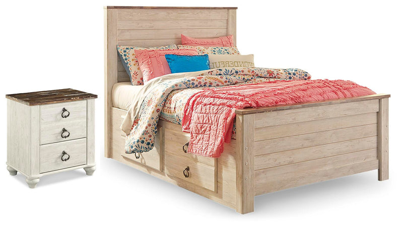Willowton Whitewash Full Panel Bed with Storage and Nightstand - B267B66