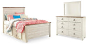Willowton Whitewash Full Panel Bed with Storage, Dresser and Mirror - B267B52
