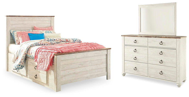 Willowton Whitewash Full Panel Bed with Storage, Dresser and Mirror - B267B52