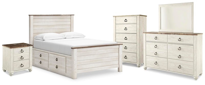 Willowton Whitewash Full Panel Bed with storage, Dresser, Mirror, Chest and Nightstand - B267B12