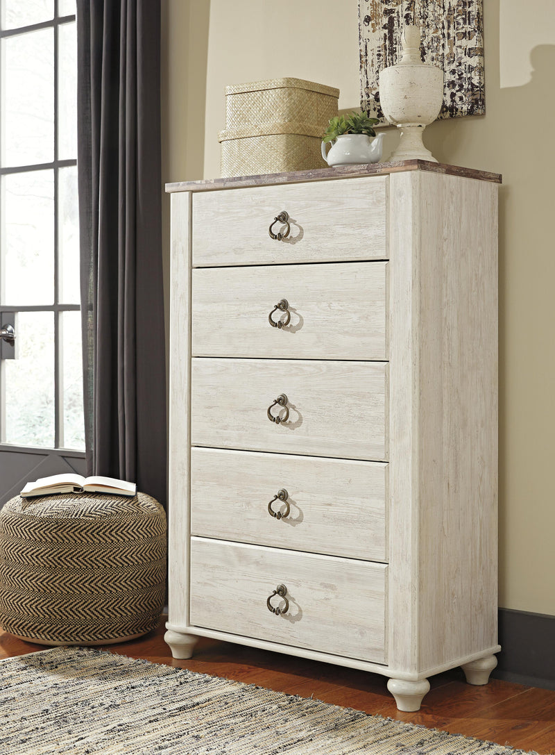 Willowton Whitewash Full Panel Bed with storage, Dresser, Mirror, Chest and Nightstand - B267B12