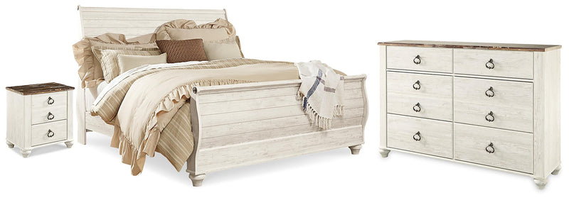 Willowton Whitewash King Sleigh Bed, Dresser and Nightstand - B267B43