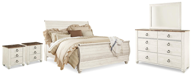 Willowton Whitewash King Sleigh Bed, Dresser, Mirror and 2 Nightstands - B267B46