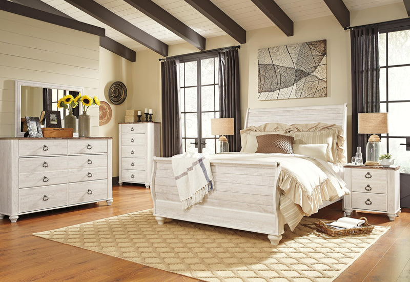 Willowton Whitewash Queen Sleigh Bed, 2 Dressers, Mirror, Chest and 2 Nightstands - B267B39