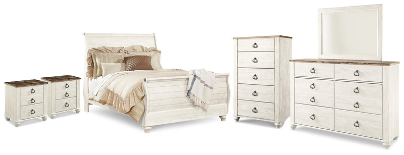 Willowton Whitewash Queen Sleigh Bed, 2 Dressers, Mirror, Chest and 2 Nightstands - B267B39