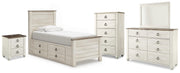 Willowton Whitewash Twin Bed with Storage, Dresser, Mirror, Chest and Nightstand - B267B65