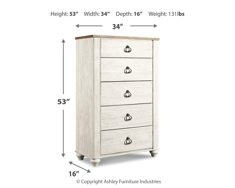 Willowton Whitewash Twin Bed with Storage, Dresser, Mirror, Chest and Nightstand - B267B65