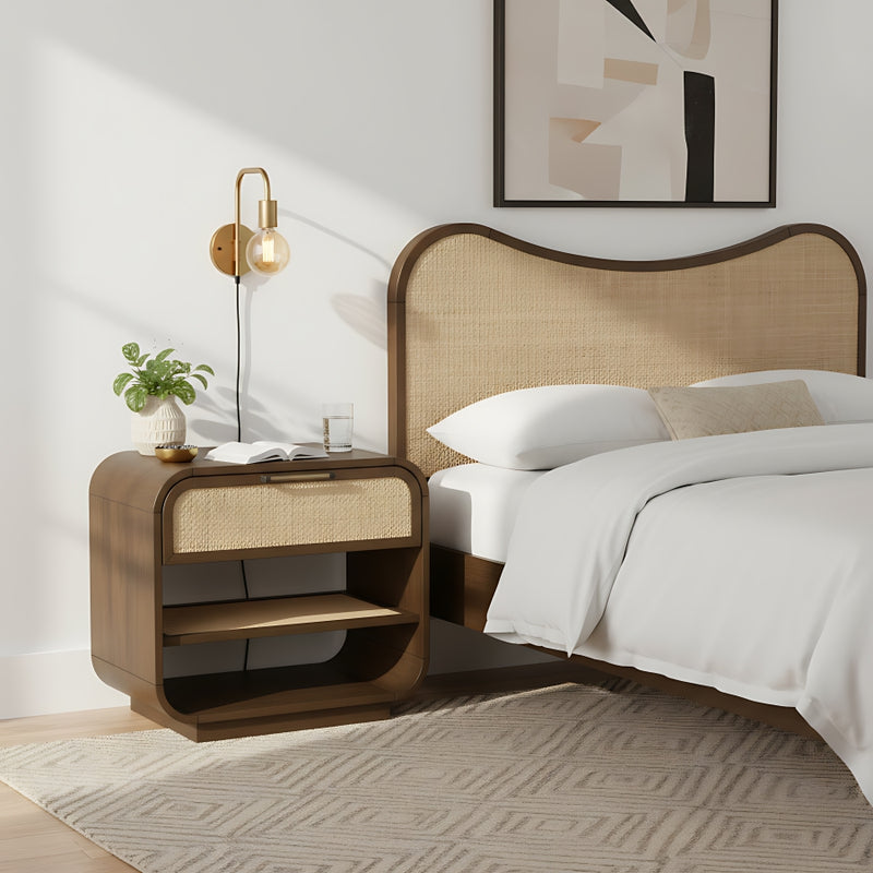 Windsor 28.5" Natural Cane And Solid Wood Nightstand in Brown - 66072Brown-NS