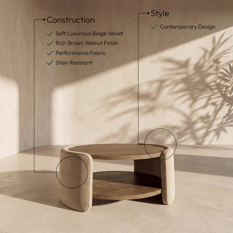 Wren Velvet And Oak Veneer Coffee Table in Beige - 22060Beige-CT