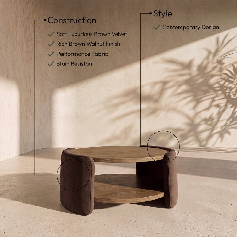 Wren Velvet And Oak Veneer Coffee Table in Brown - 22060Brown-CT