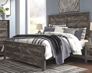 Wynnlow King Crossbuck Panel Bed with Mirrored Dresser and 2 Nightstands in Gray - PKG005679