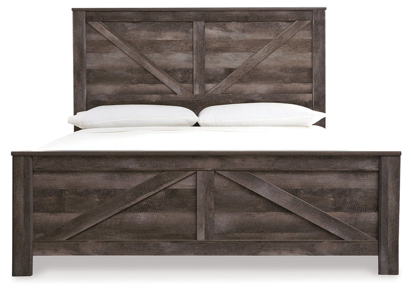 Wynnlow King Crossbuck Panel Bed with Mirrored Dresser and 2 Nightstands in Gray - PKG005679