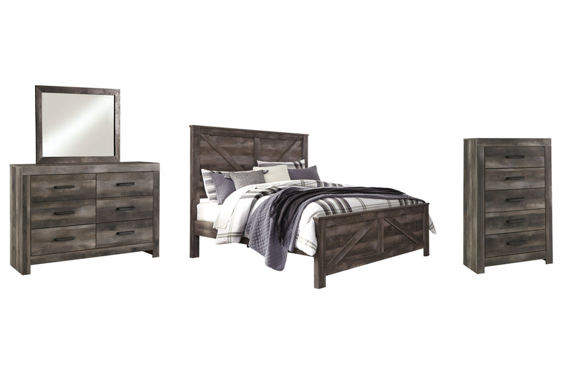 Wynnlow King Crossbuck Panel Bed with Mirrored Dresser and Chest in Gray - PKG005687