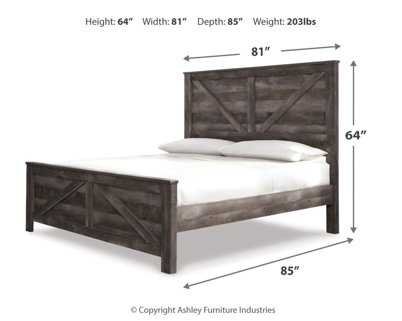 Wynnlow King Crossbuck Panel Bed with Mirrored Dresser, Chest and 2 Nightstands in Gray - PKG006339