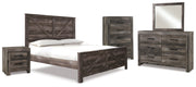 Wynnlow King Crossbuck Panel Bed with Mirrored Dresser, Chest and Nightstand in Gray - PKG005695