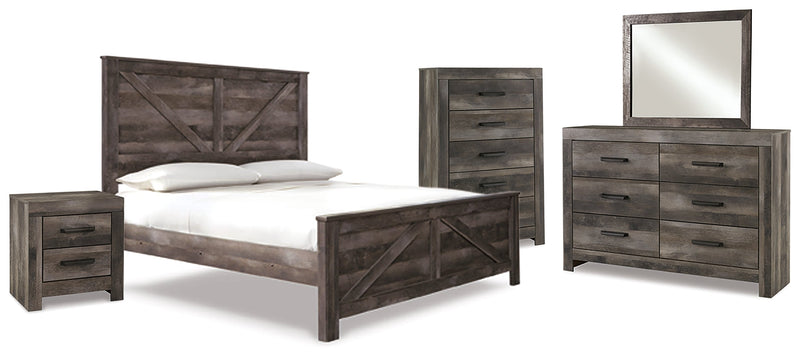 Wynnlow King Crossbuck Panel Bed with Mirrored Dresser, Chest and Nightstand in Gray - PKG005695