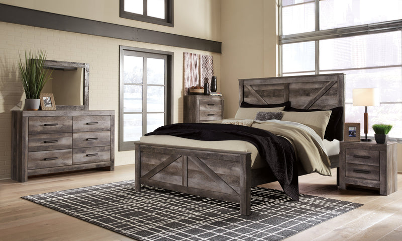 Wynnlow King Crossbuck Panel Bed with Mirrored Dresser in Gray - PKG005135