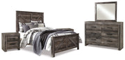 Wynnlow Queen Crossbuck Panel Bed with Mirrored Dresser and 2 Nightstands in Gray - PKG005684