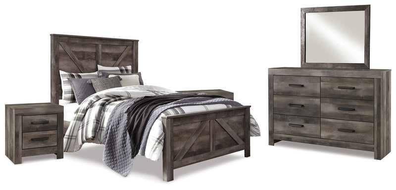 Wynnlow Queen Crossbuck Panel Bed with Mirrored Dresser and 2 Nightstands in Gray - PKG005684