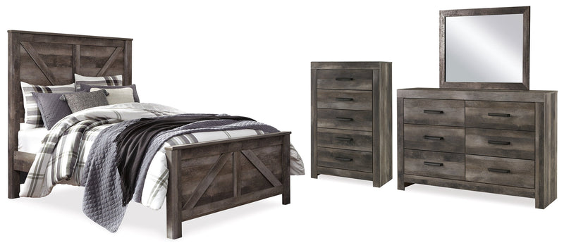 Wynnlow Queen Crossbuck Panel Bed with Mirrored Dresser and Chest in Gray - PKG005692