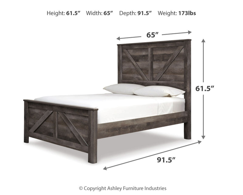 Wynnlow Queen Crossbuck Panel Bed with Mirrored Dresser, Chest and 2 Nightstands in Gray - PKG006369