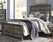 Wynnlow Queen Crossbuck Panel Bed with Mirrored Dresser, Chest and 2 Nightstands in Gray - PKG006369