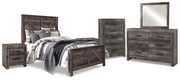 Wynnlow Queen Crossbuck Panel Bed with Mirrored Dresser, Chest and 2 Nightstands in Gray - PKG006369