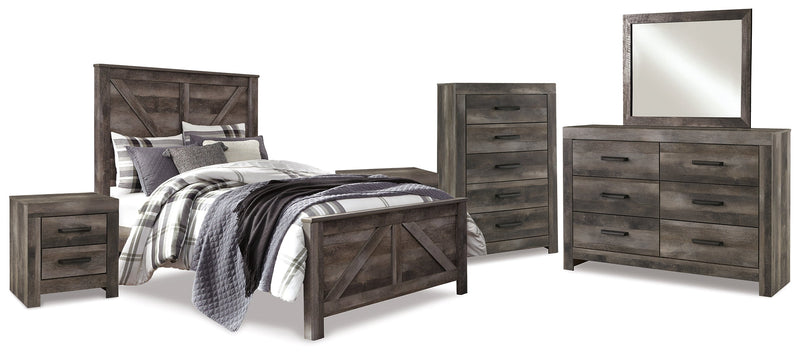 Wynnlow Queen Crossbuck Panel Bed with Mirrored Dresser, Chest and 2 Nightstands in Gray - PKG006369