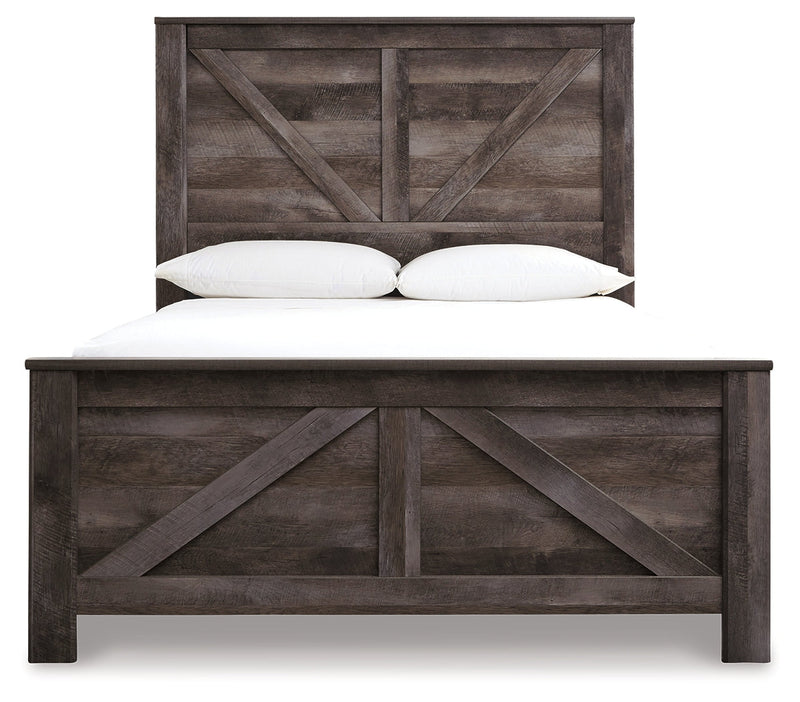 Wynnlow Queen Crossbuck Panel Bed with Mirrored Dresser, Chest and 2 Nightstands in Gray - PKG006369