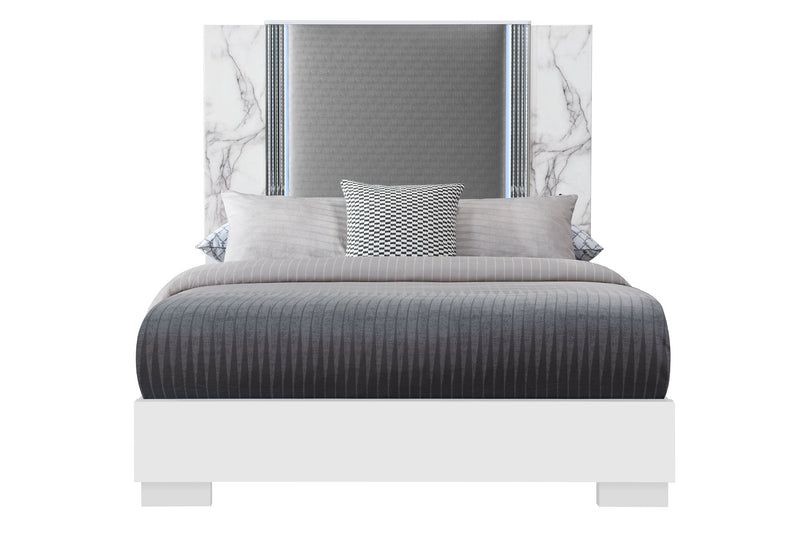 Ylime White Marble Queen Bed With Led - Gate FurnitureQueen Bed