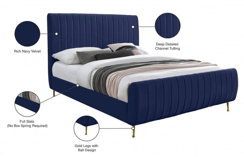 Zara Velvet Queen Bed (3 Boxes) Blue - Gate FurnitureQueen Bed