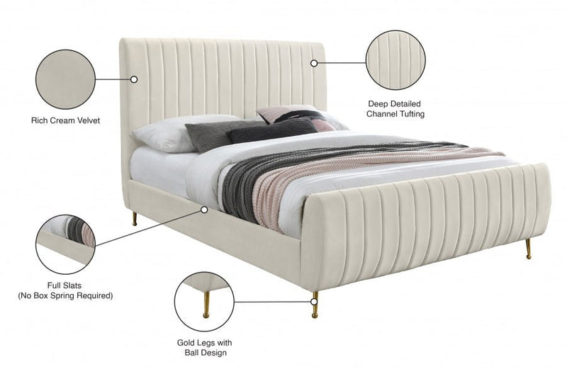 Zara Velvet Queen Bed (3 Boxes) Cream - Gate FurnitureQueen Bed
