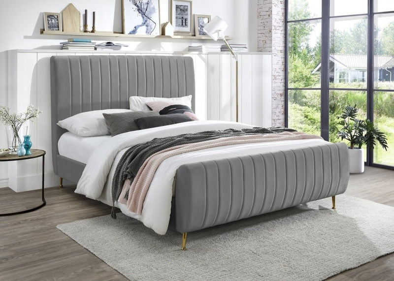 Zara Velvet Queen Bed (3 Boxes) Grey - Gate FurnitureQueen Bed