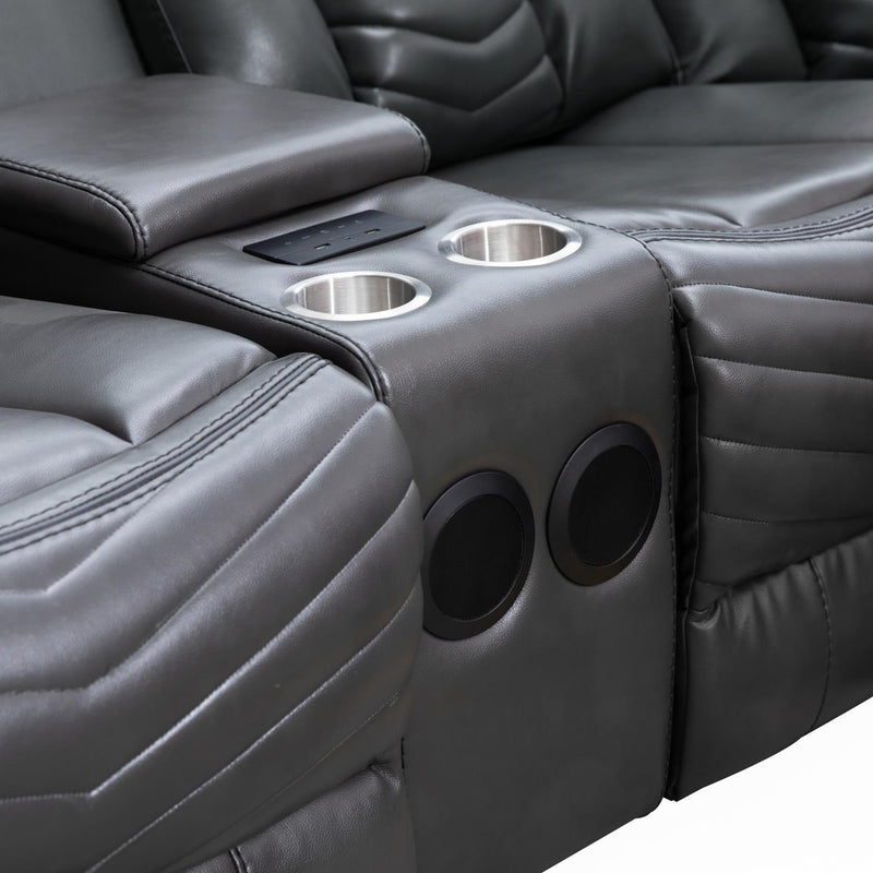 Zenith - 3PC Gray Power Sectional, Bluetooth Speaker, Two storage console, Cup Holder, Built-in LED Light, USB Charger - S481-Sectional