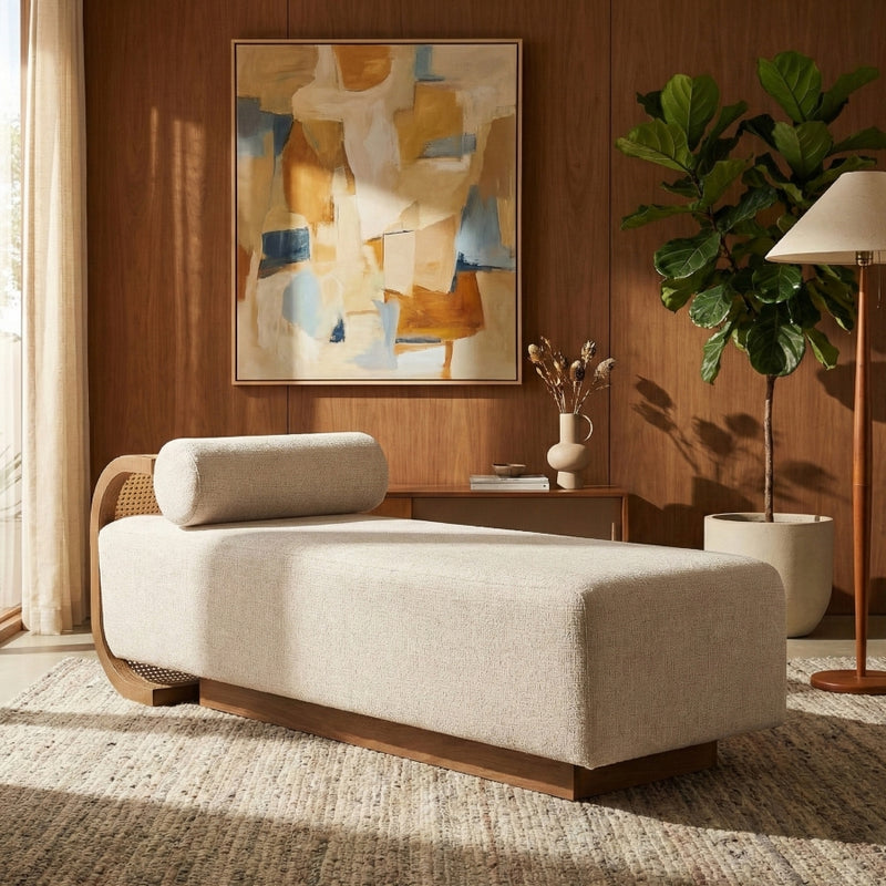 Zephyr Cane And Linen Textured Fabric Upholstered Chaise in Beige - 33041Beige