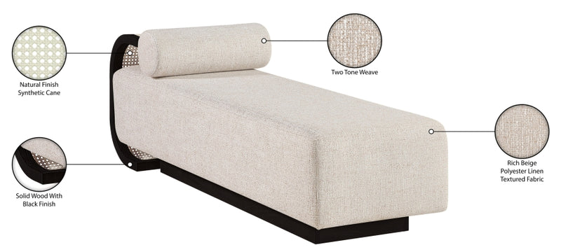 Zephyr Cane And Linen Textured Fabric Upholstered Chaise in Beige - 33043Beige