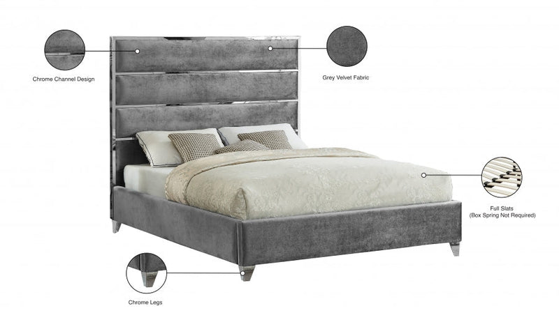 Zuma Velvet Queen Bed Grey - Gate FurnitureQueen Bed