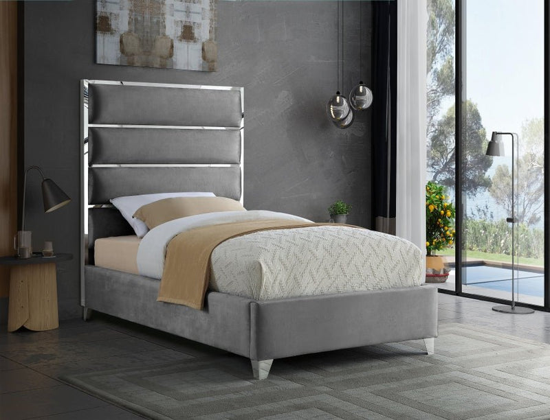 Zuma Velvet Twin Bed Grey - Gate FurnitureTwin Bed
